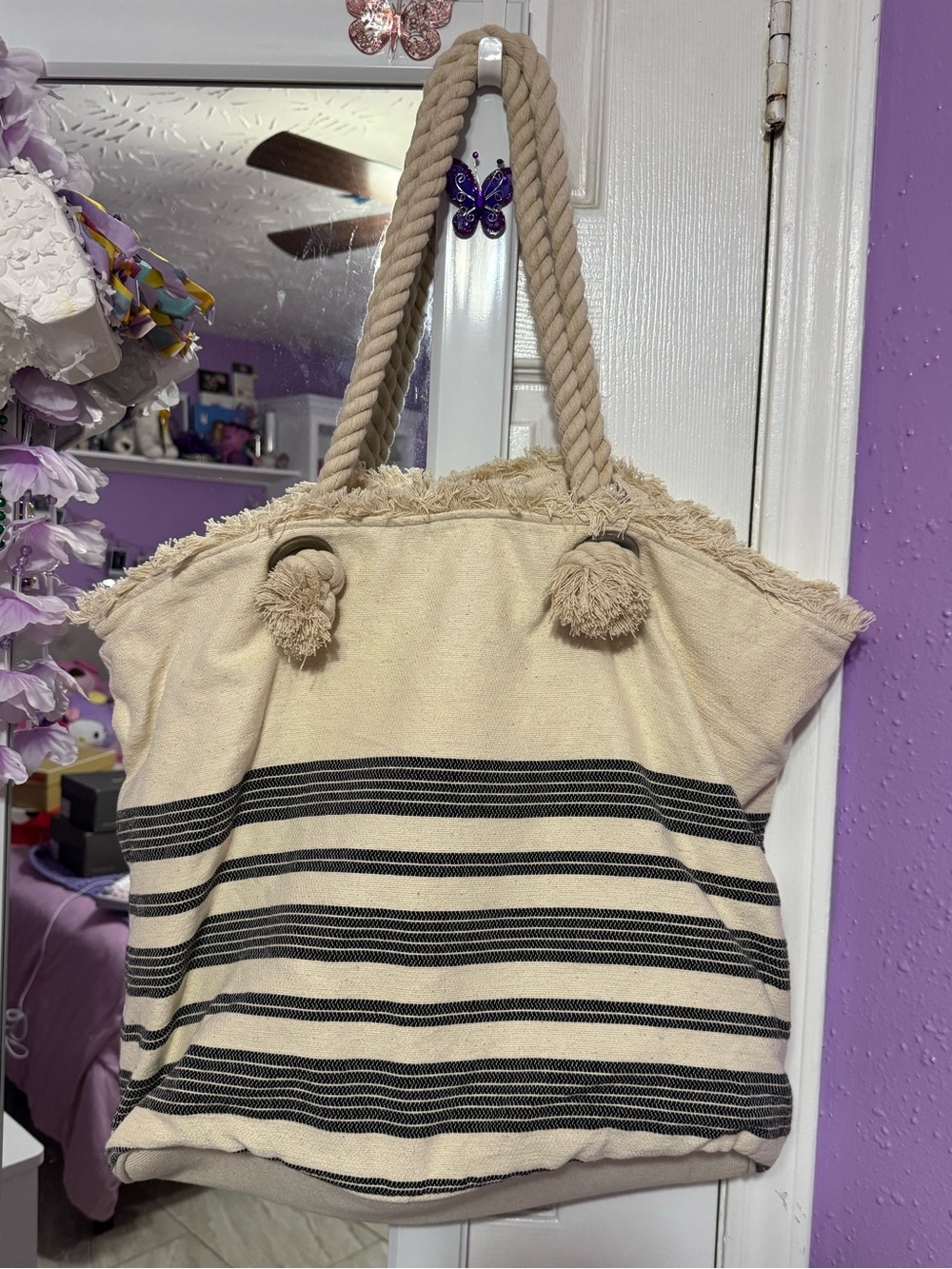 Large Magid Beach Bag Beige with Black stripes
